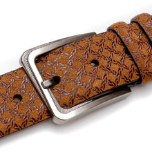 Load image into Gallery viewer, Men&#39;s Fashion Belt in Tan with Laser-Printed Suede and Calf Trim - Mezlan Belts
