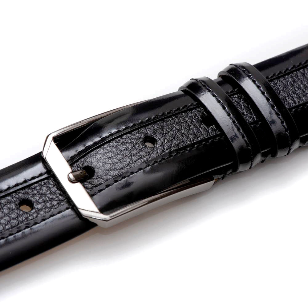 Men's Hi-Shine Cordovan Leather and Deerskin Belt in Black - AO11113 - Mezlan Belts