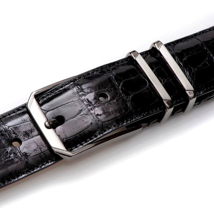 Men's Crocodile Belt in Black with Satin Nickel Buckle - Mezlan Belts