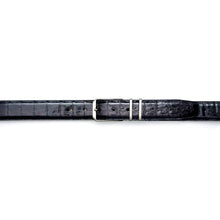 Load image into Gallery viewer, Men&#39;s Crocodile Belt in Black with Satin Nickel Buckle - Mezlan Belts
