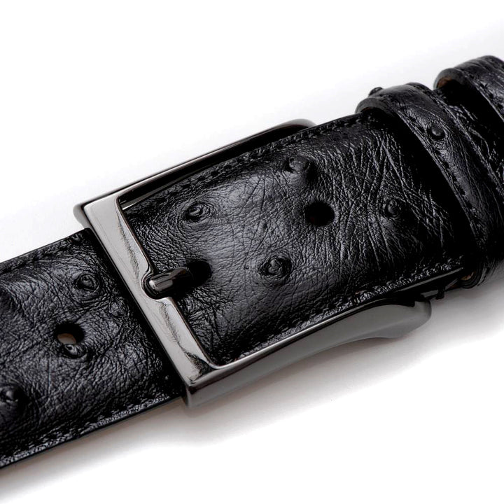 Men's Ostrich Skin Belt in Black with Satin Platinum Buckle - Mezlan Belts