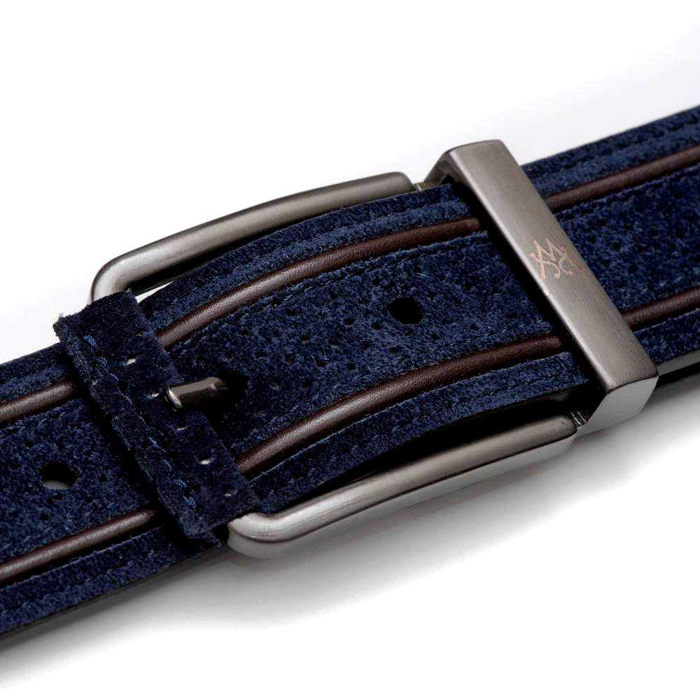 Blue and Brown Men's Suede Belt - Perforated English Suede with Calf Piping - Mezlan Belts