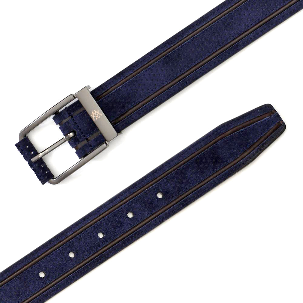 Blue and Brown Men's Suede Belt - Perforated English Suede with Calf Piping - Mezlan Belts