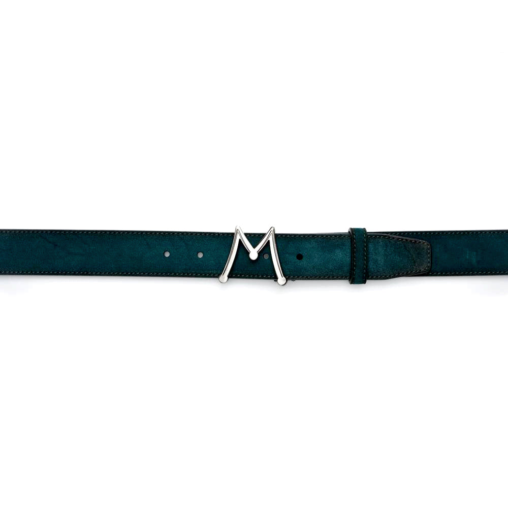 Green Men's Suede Belt - Hand-Burnished Suede with Hi-Shine "M" Buckle - Mezlan Belts
