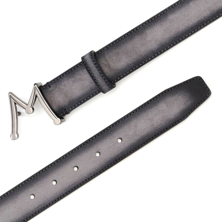 Grey Men's Suede Belt - Hand-Burnished Suede with Hi-Shine "M" Buckle - Mezlan Belts