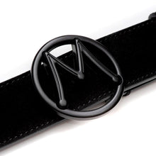Load image into Gallery viewer,  Black Men&#39;s Designer Suede Belt with Black Nickel Circle &quot;M&quot; Icon Buckle - Mezlan Belts
