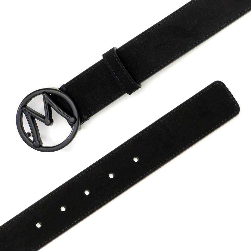  Black Men's Designer Suede Belt with Black Nickel Circle "M" Icon Buckle - Mezlan Belts