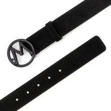 Load image into Gallery viewer,  Black Men&#39;s Designer Suede Belt with Black Nickel Circle &quot;M&quot; Icon Buckle - Mezlan Belts

