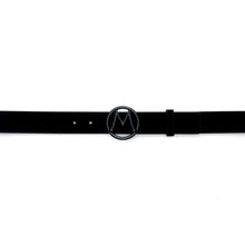Load image into Gallery viewer,  Black Men&#39;s Designer Suede Belt with Black Nickel Circle &quot;M&quot; Icon Buckle - Mezlan Belts
