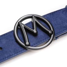Load image into Gallery viewer,  Blue Men&#39;s Designer Suede Belt with Black Nickel Circle &quot;M&quot; Icon Buckle - Mezlan Belts
