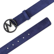 Load image into Gallery viewer,  Blue Men&#39;s Designer Suede Belt with Black Nickel Circle &quot;M&quot; Icon Buckle - Mezlan Belts
