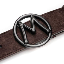 Load image into Gallery viewer,  Brown Men&#39;s Designer Suede Belt with Black Nickel Circle &quot;M&quot; Icon Buckle - Mezlan Belts

