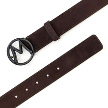 Load image into Gallery viewer,  Brown Men&#39;s Designer Suede Belt with Black Nickel Circle &quot;M&quot; Icon Buckle - Mezlan Belts
