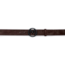 Load image into Gallery viewer,  Brown Men&#39;s Designer Suede Belt with Black Nickel Circle &quot;M&quot; Icon Buckle - Mezlan Belts
