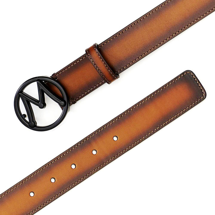 Tan Men's Patina Belt with Black Nickel "M" Icon Buckle - Mezlan Belts