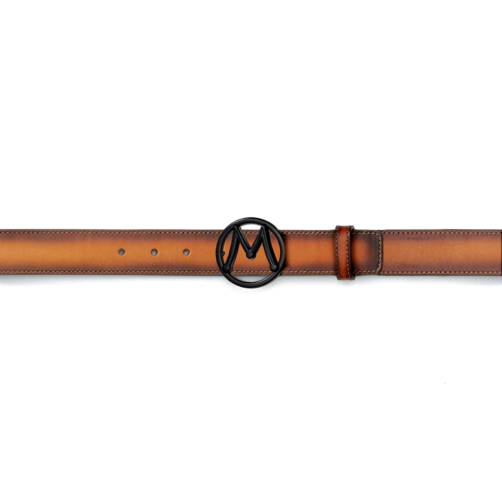 Tan Men's Patina Belt with Black Nickel "M" Icon Buckle - Mezlan Belts
