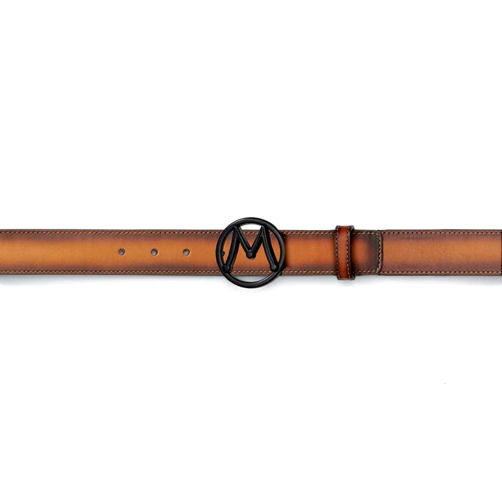 Tan Men's Patina Belt with Black Nickel "M" Icon Buckle - Mezlan Belts