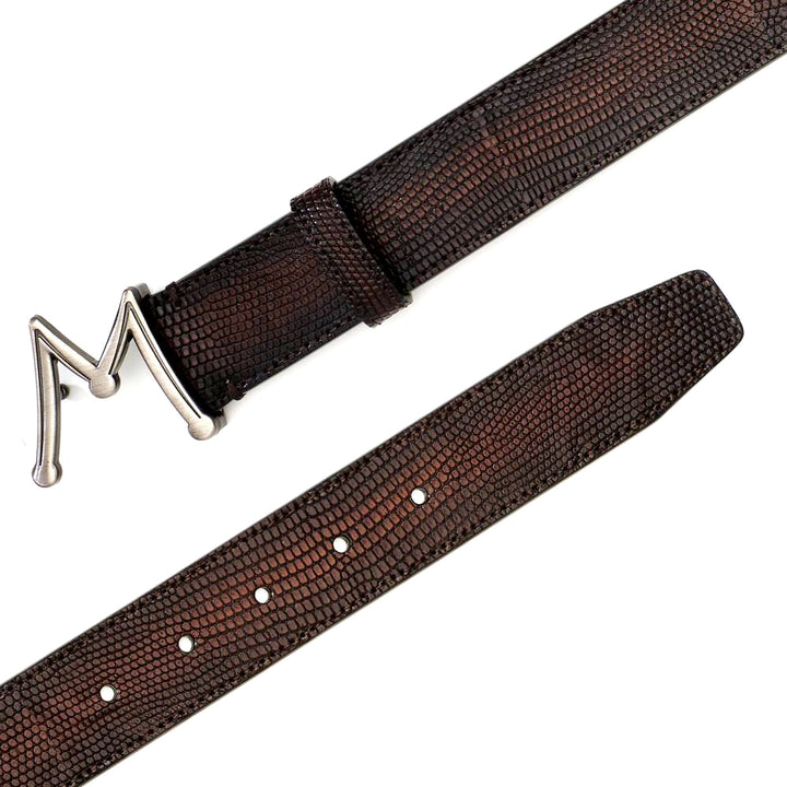 Cognac Men's Lizard Skin Belt - Genuine Hand-Burnished Lizard Skin - Mezlan Belts