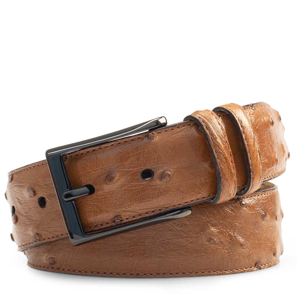 Tan Men's Ostrich Skin Belt with Satin Platinum Buckle - Mezlan Belts