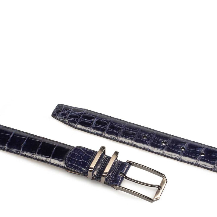 Men's Crocodile Belt in Blue with Satin Nickel Buckle - Mezlan Belts
