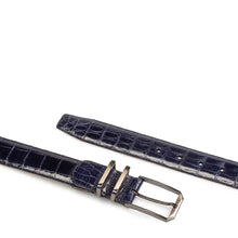 Load image into Gallery viewer, Men&#39;s Crocodile Belt in Blue with Satin Nickel Buckle - Mezlan Belts
