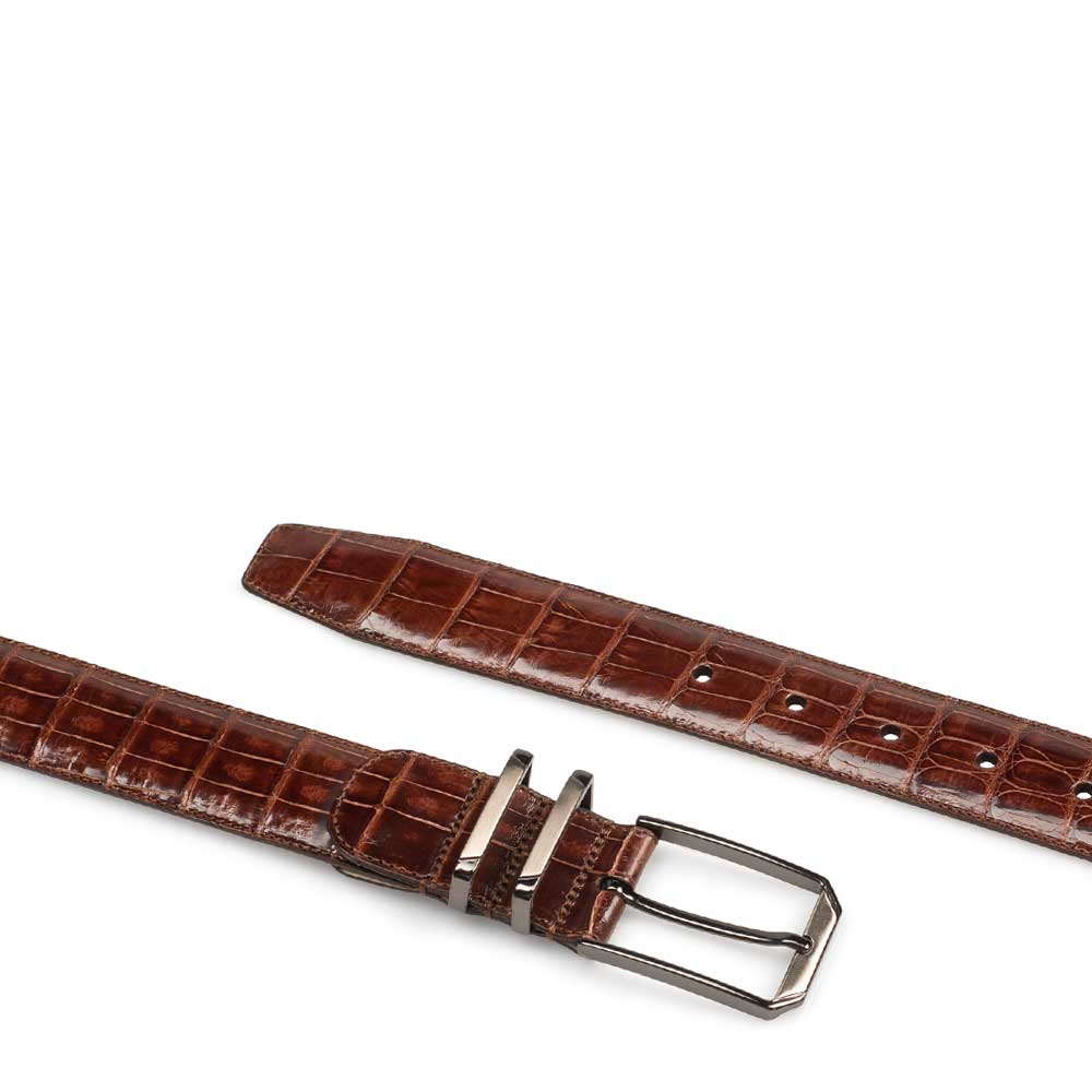 Men's Crocodile Belt in Brown with Satin Nickel Buckle - Mezlan Belts